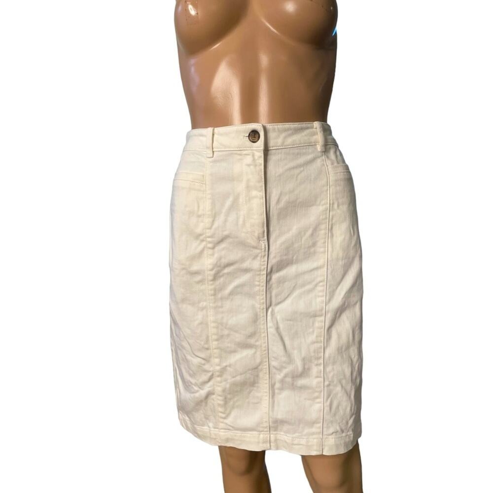 Ann Taylor High Rise Denim Midi Pencil Skirt Womens 8P Cream Stretch Slit Classy
